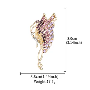 Technical detail of elegant purple crystal butterfly brooch with size annotations