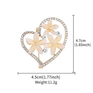 Detailed size and weight specs for elegant heart-shaped floral brooch with rhinestones