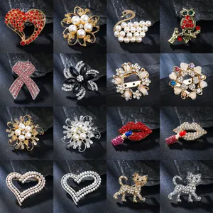 Fashion Alloy Rhinestone Flower Animal Brooch For Women Luxury Heart Swan Cat Owl Pin Wedding Party Dress Accessories