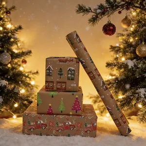 Rotolo di carta regalo di Natale vintage in kraft con illustrazioni festive per le vacanze