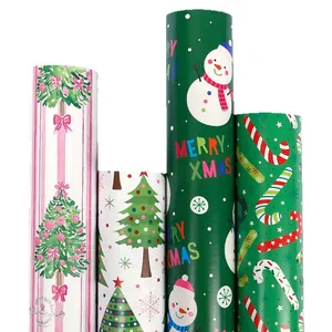 Assorted Christmas wrapping paper rolls with snowman tree and candy cane patterns