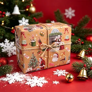 Papel de regalo kraft de Navidad vintage con Papá Noel y motivos festivos para regalos
