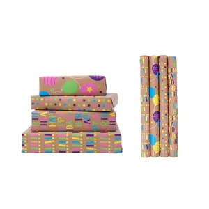 Eco-friendly Happy Birthday kraft gift wrapping paper rolls with cute cartoon patterns