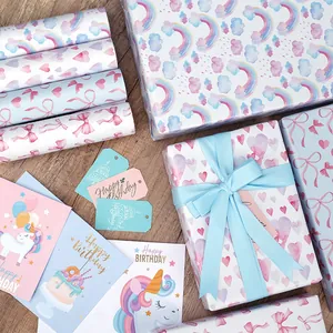 Dromerig Roze Strik Inpakpapier Aquarel Regenboog Hart Patroon Grote Papierrol Voor Verjaardagsfeestje Cadeau Decoratie