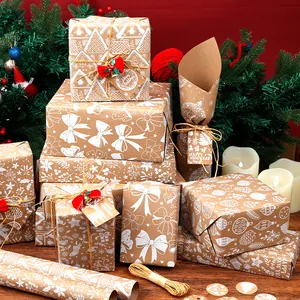 Weihnachten Retro Kraftpapier Rolle Weißer Druck Schneeflocke Rentier Muster Für DIY Geschenkverpackung Festliche Dekoration Zubehör