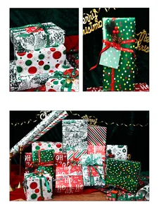 Assorted Christmas gift wrapping paper rolls featuring festive patterns and gold ribbons