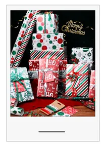 Variety of Christmas gift boxes wrapped in festive red striped and green patterned paper