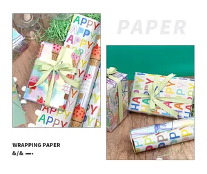 Papel de regalo láser de alta calidad con motivos de helados y letras Happy en colores