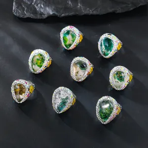 Retro Irregulärer Farbwechselstein Offener Ring Für Damen Luxus Kupfer Vergoldet Strass Verstellbarer Ring Modeschmuck