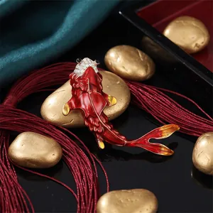 Exquisite Chinese style red koi fish brooch with vibrant enamel and sparkling crystals