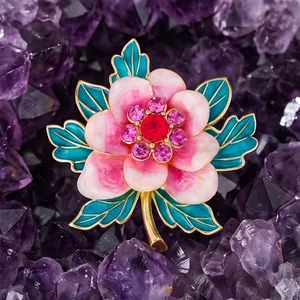 Elegant peony flower brooch with pink enamel petals and sparkling red rhinestones