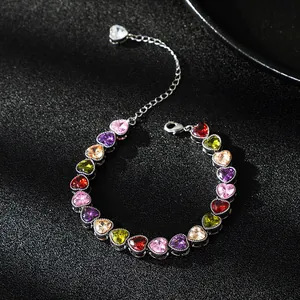 Elegant silver bracelet featuring colorful heart-shaped cubic zirconia for women.