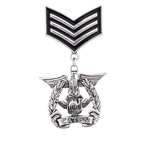 Vintage silver military eagle brooch with shield and CATEN banner on white background
