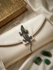 Close-up of an exquisite crocodile brooch with green crystals on a satin clutch bag