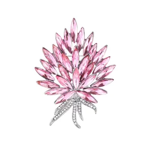 Broche bouquet de fleurs en cristal rose élégante pour femme avec strass argent