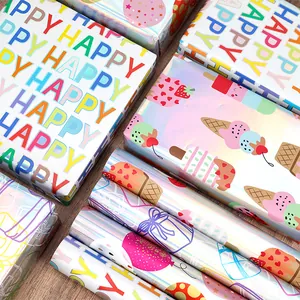 Papel de Regalo Láser Holográfico Rollo de Papel de Regalo de Papel de Aluminio Metálico Aluminizado para Fiesta de Cumpleaños Con Patrones de Globos Helados y Letras de Arco Iris