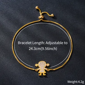 Detail showing adjustable gold-plated box chain bracelet with pavé cubic zirconia girl charm