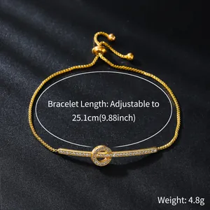 Detailed macro view of an adjustable gold-plated zircon bracelet with weight and length info
