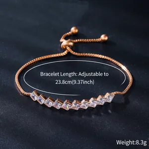 Elegant rose gold adjustable slider bracelet with square-cut zircons weighing 8.3g.