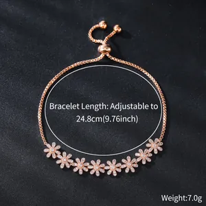 Detailed view of adjustable rose gold flower bracelet with length and weight info.