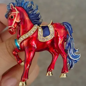 Exquisite vintage colorful enamel horse brooch with sparkling rhinestone accents for suits