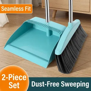 Durable teal broom and dustpan set with dense black bristles for home floor cleaning