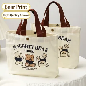 Süße Cartoon Drei Bären Bedruckte Segeltuch Handtasche Mini Tote Bag Für Damen Studenten Bento Lunch Bag Mit Druckknopf Täglich Aufbewahrungstasche