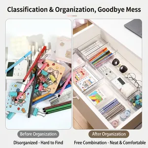 Clear acrylic drawer organizer set for cosmetics and stationery storage.