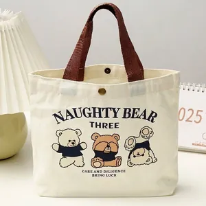 Cute cartoon bear printed canvas tote bag versatile small handbag for lunch boxes