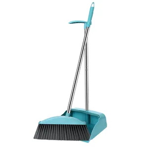 Durable teal broom and dustpan set with stainless steel long handles for home floor cleaning