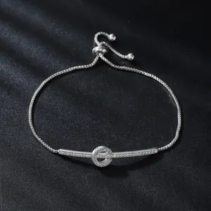 Elegant silver color adjustable zircon bracelet with a geometric circle and bar design
