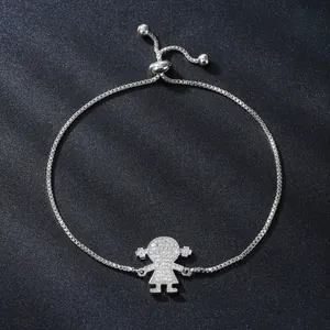 Adjustable silver-tone copper zircon bracelet with sparkling girl pendant charm