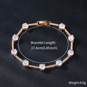 Macro view of rose gold bracelet with sparkling round zircons and size parameters