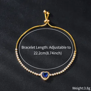 Detail view showing the adjustable length and weight of the heart-shaped blue zircon bracelet