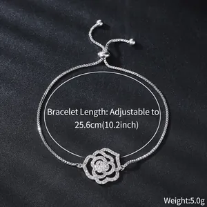Detail view of an adjustable zircon rose flower bracelet with length and weight specs