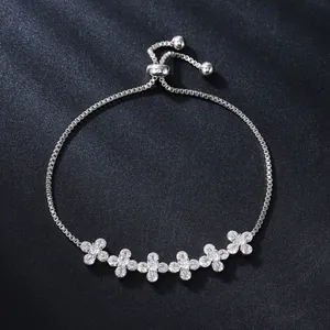 Adjustable silver box chain bracelet with sparkling flower cubic zirconia clusters