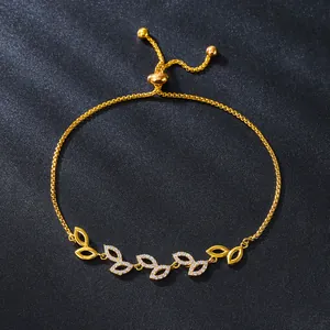 Elegant gold-plated leaf bracelet with cubic zirconia, adjustable slider for weddings