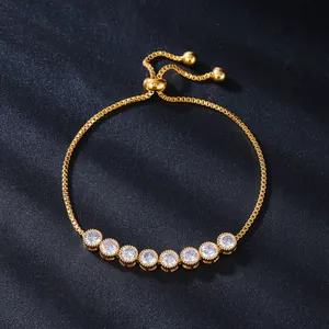 Adjustable gold bracelet with sparkling round-cut micro-pave zircons for women.