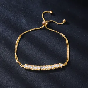Adjustable gold plated box chain bracelet with micro-paved sparkling cubic zirconia