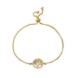 Elegant gold Tree of Life bracelet with zirconia, adjustable box chain for bridal wear