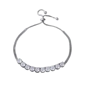 Elegant adjustable silver-tone bracelet with sparkling micro-pave cubic zirconia stones