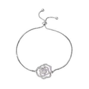 Silver-tone adjustable box chain bracelet with sparkling zircon rose flower charm