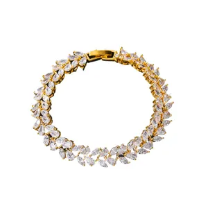 Elegant marquise-cut zircon floral bracelet in gold finish for women.