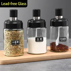 Lead-free Glass Spice Jars With Spoon And Lid One-piece Sealed Moisture-proof Seasoning Bottles For Kitchen Salt Sugar Storage