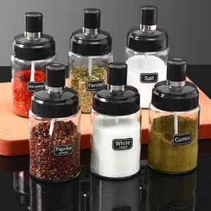High quality set of 6 glass seasoning jars with black lids and integrated spoons