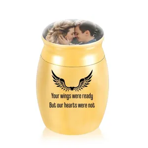Mini Urne aus Edelstahl für Asche Menschen Haustiere Gedenk Souvenir mit Fotorahmen Flügel Muster Memorial Box