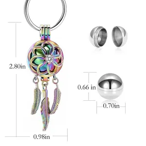 Porte-clés médaillon fleur creux arc-en-ciel avec plumes pour huiles essentielles