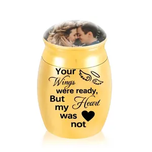 Small Stainless Steel Cremation Urn For Human Pet Ashes Memorial Keepsake Urn With Photo Frame Lid Wings Heart Pattern Sympathy Gift