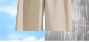 Detailansicht beiger Hosen mit Vergleich der Wasserfestigkeit bei Regen und Sonnenschein