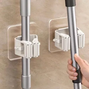 Wall Mounted Mop Holder Punch Free Self Adhesive Mop Clip Heavy Duty Broom Organizer Rack For Bathroom Kitchen Home Storage